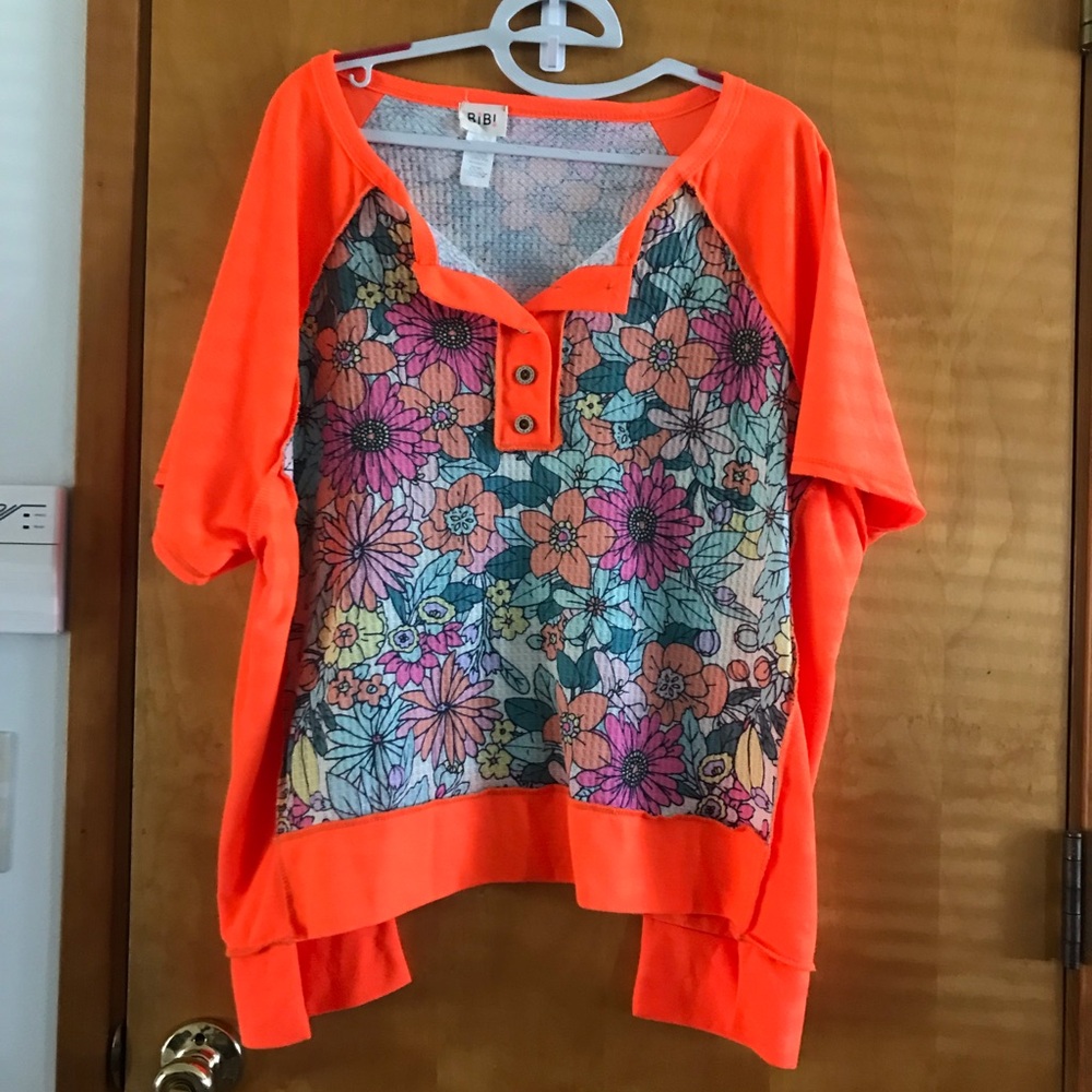 Bibi Neon Orange Floral Panel Short Sleeve Top